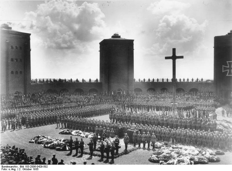 Adolf Hitler speaking at Paul von Hindenburg's burial site at the Tannenberg Memorial, East Prussia
